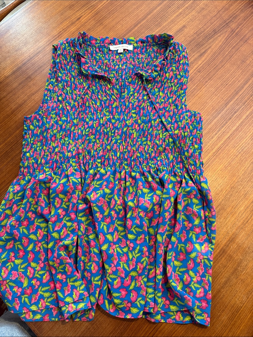Rose & Olive Blue Floral Smocked Camisole with Pink and Green Print - Picture 2 of 4